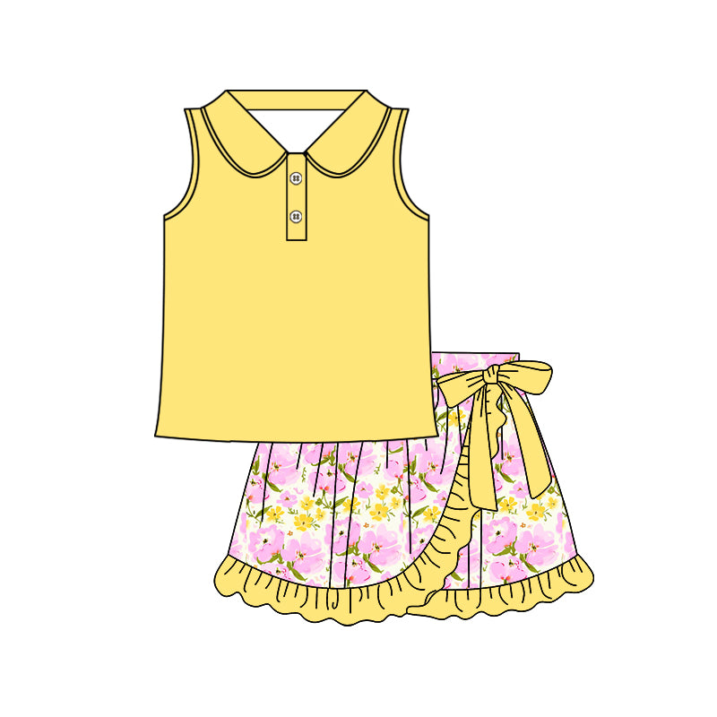 preorder GSD2365 yellow sleeveless pink flowers bow skirt girls set
