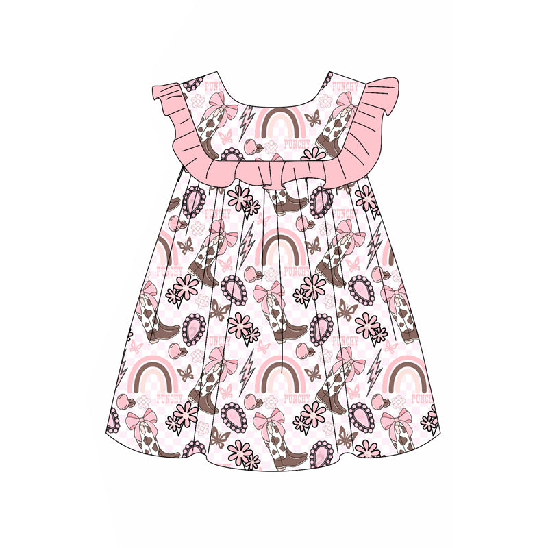 preorder GSD2395 Western turquoise boot bows pink flutter sleeve girls dress