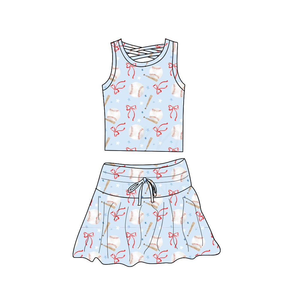 preorder GSD2402 yoga baseball bows sleeveless skirt with shorts girls set