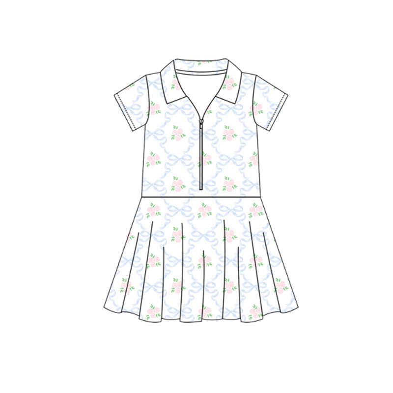 preorder GSD2412 yoga pink flowers blue bows short sleeve skirt with shorts girls set