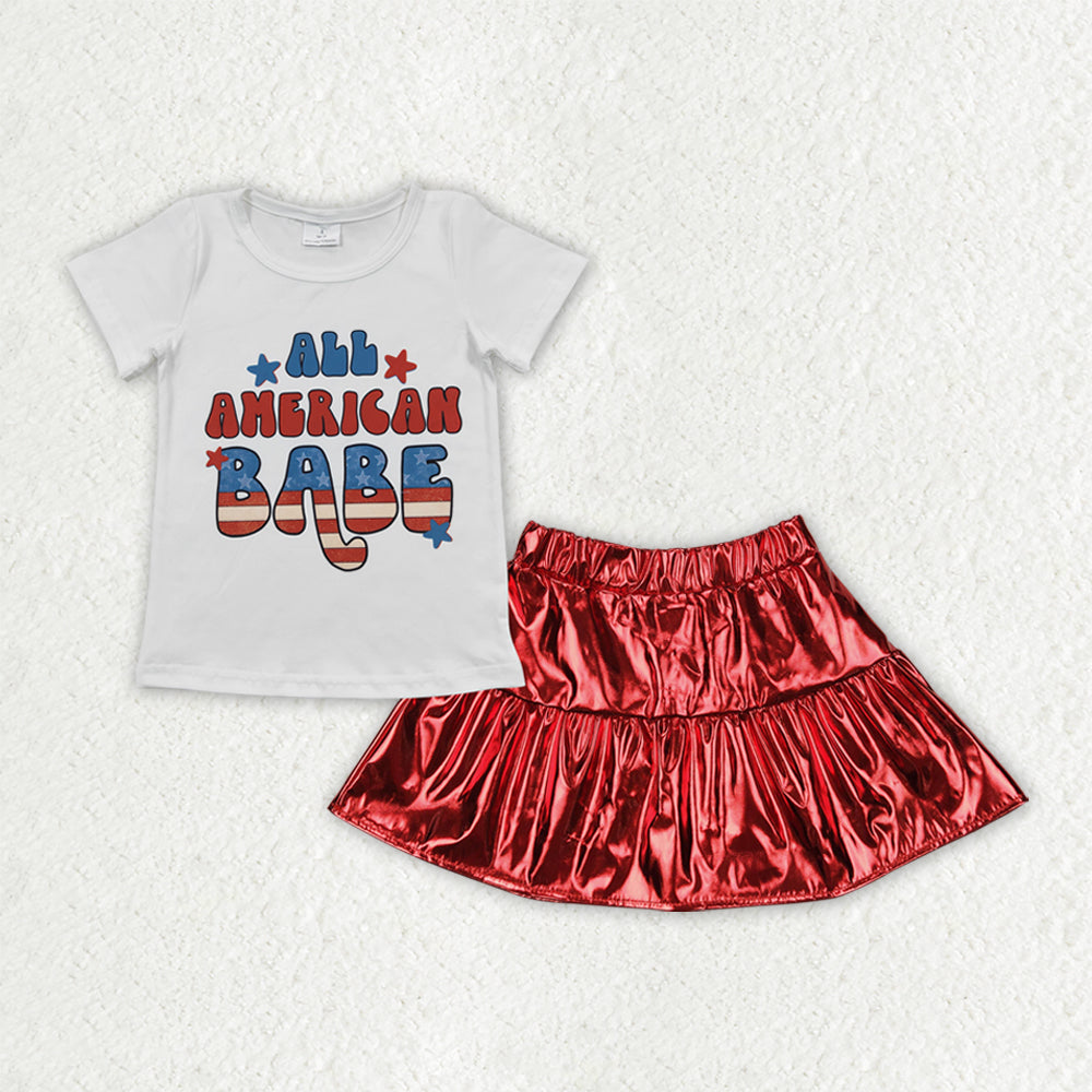 GSD2446 July 4th all american babe short sleeve red leather skirt girls set