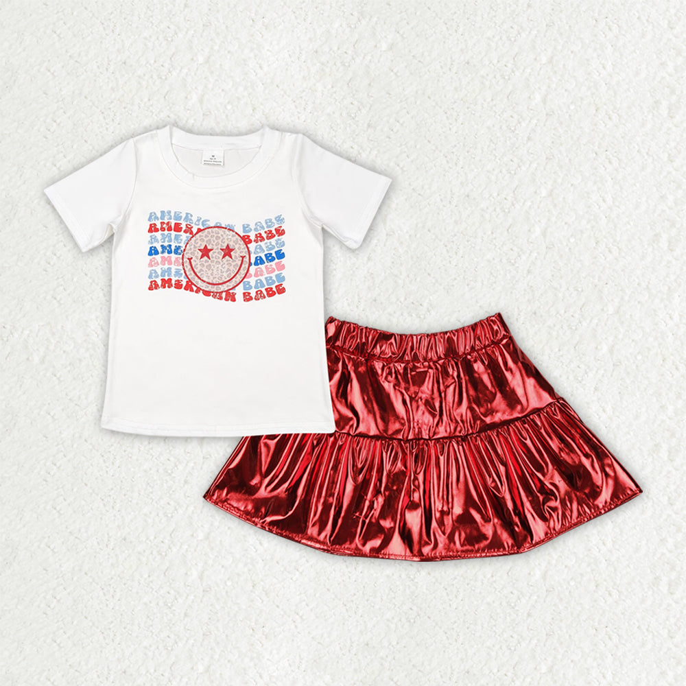 GSD2447 July 4th all american babe smile short sleeve red leather skirt girls set