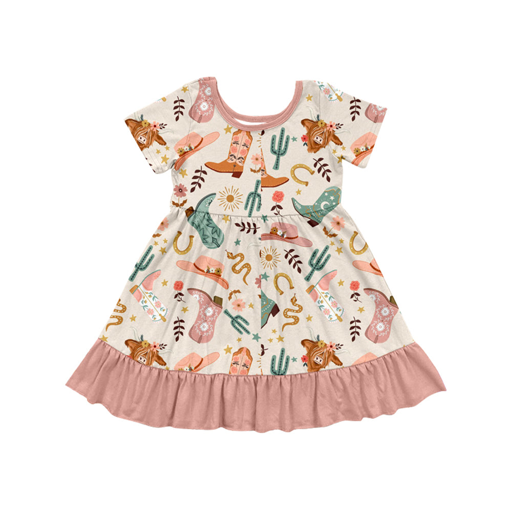 preorder GSD2453 Western highland cow boot pink short sleeve girls dress
