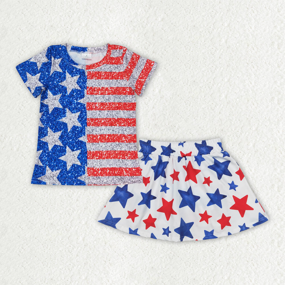GSD2456 July 4th star striped short sleeve skirt with shorts girls set
