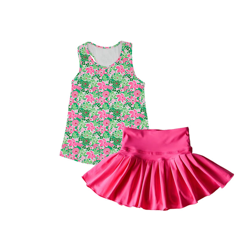 preorder GSD2458 hot pink/green flowers sleeveless hot pink skirt girls set