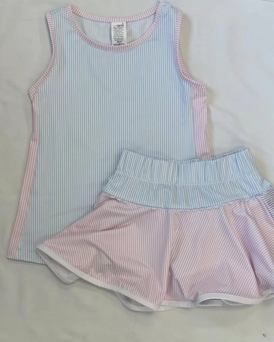 preorder GSD2470 yoga blue striped sleeveelss pink striped skirt with shorts girls set