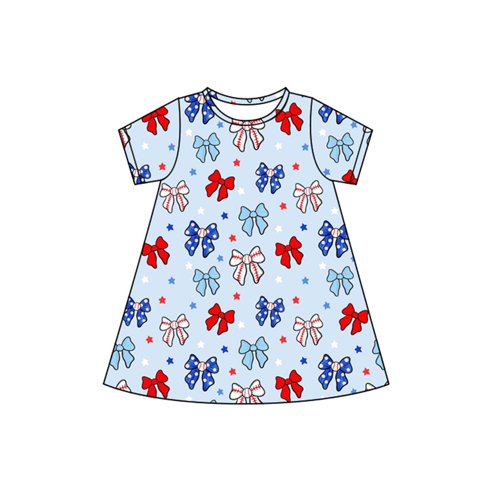 preorder GSD2480 July 4th baseball bows blue short sleeve girls dress