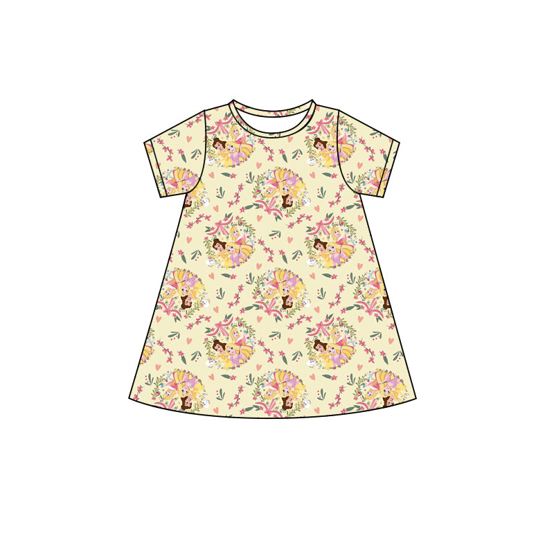 preorder GSD2494 cartoon princess flowers light yellow short sleeve girls dress