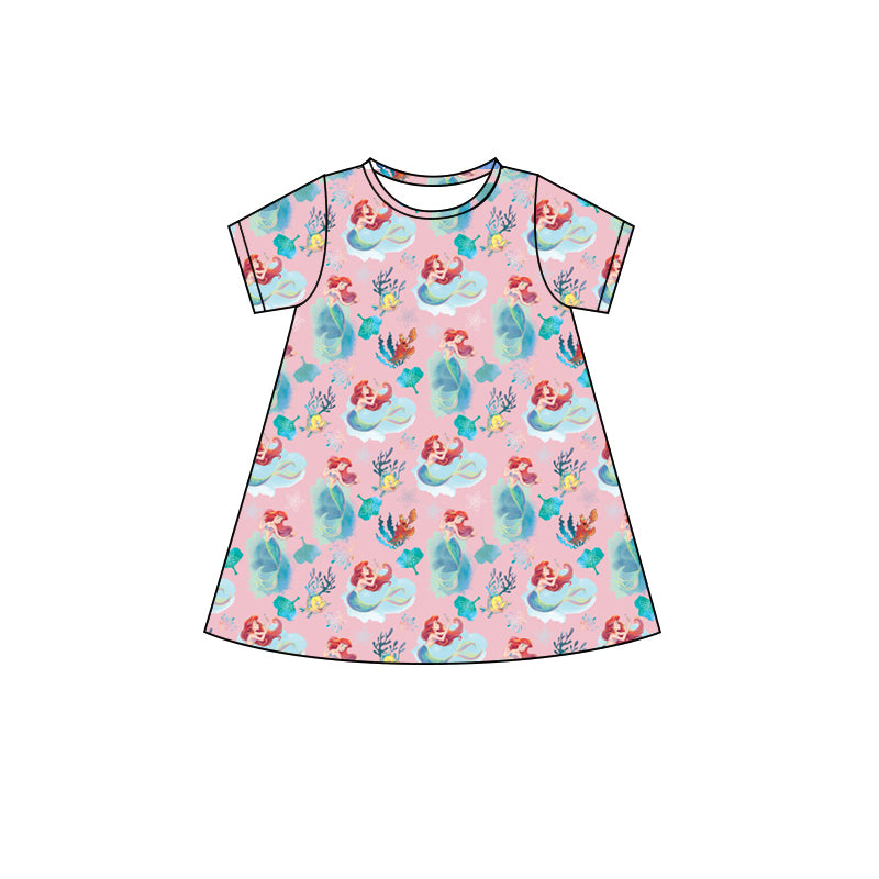preorder GSD2495 cartoon princess mermaid pink short sleeve girls dress