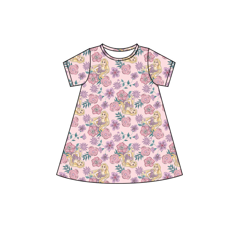 preorder GSD2496 cartoon princess pink flowers short sleeve girls dress
