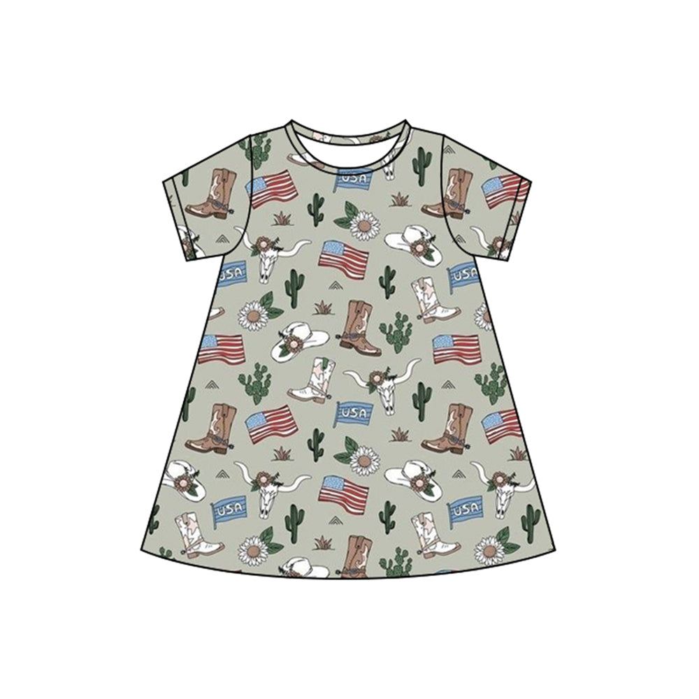 preorder GSD2499 Western boot cactus flag short sleeve girls dress