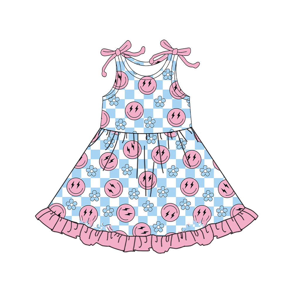 preorder GSD2506 smile flowers blue checkered pink girls dress