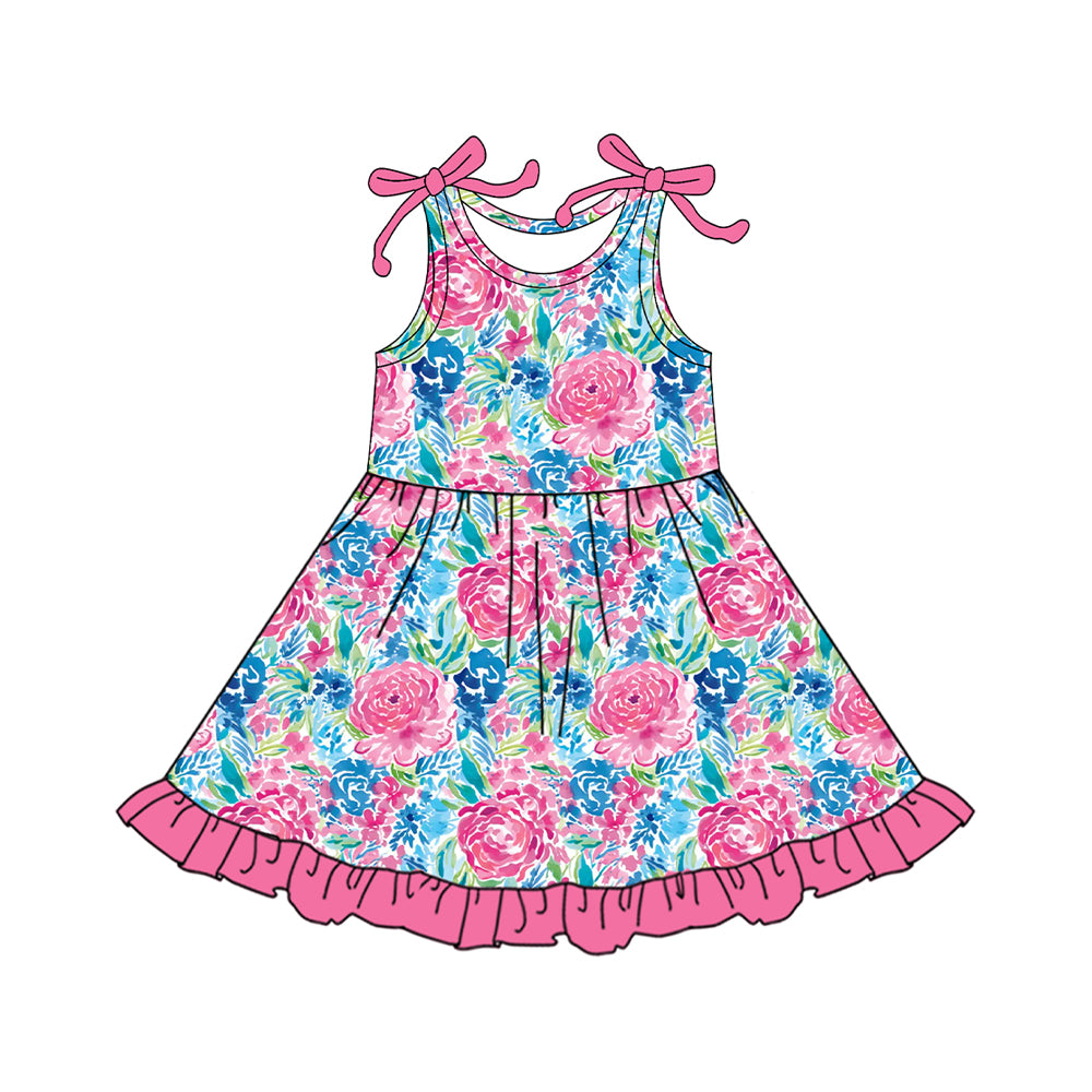 preorder GSD2509 hot pink flowers rose blue sleevless girls dress