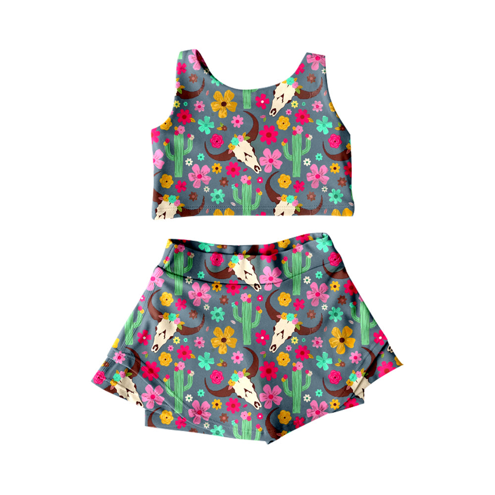 preorder GSD2519 yoga Western cow cactus flowers sleeveless skirt with shorts girls set
