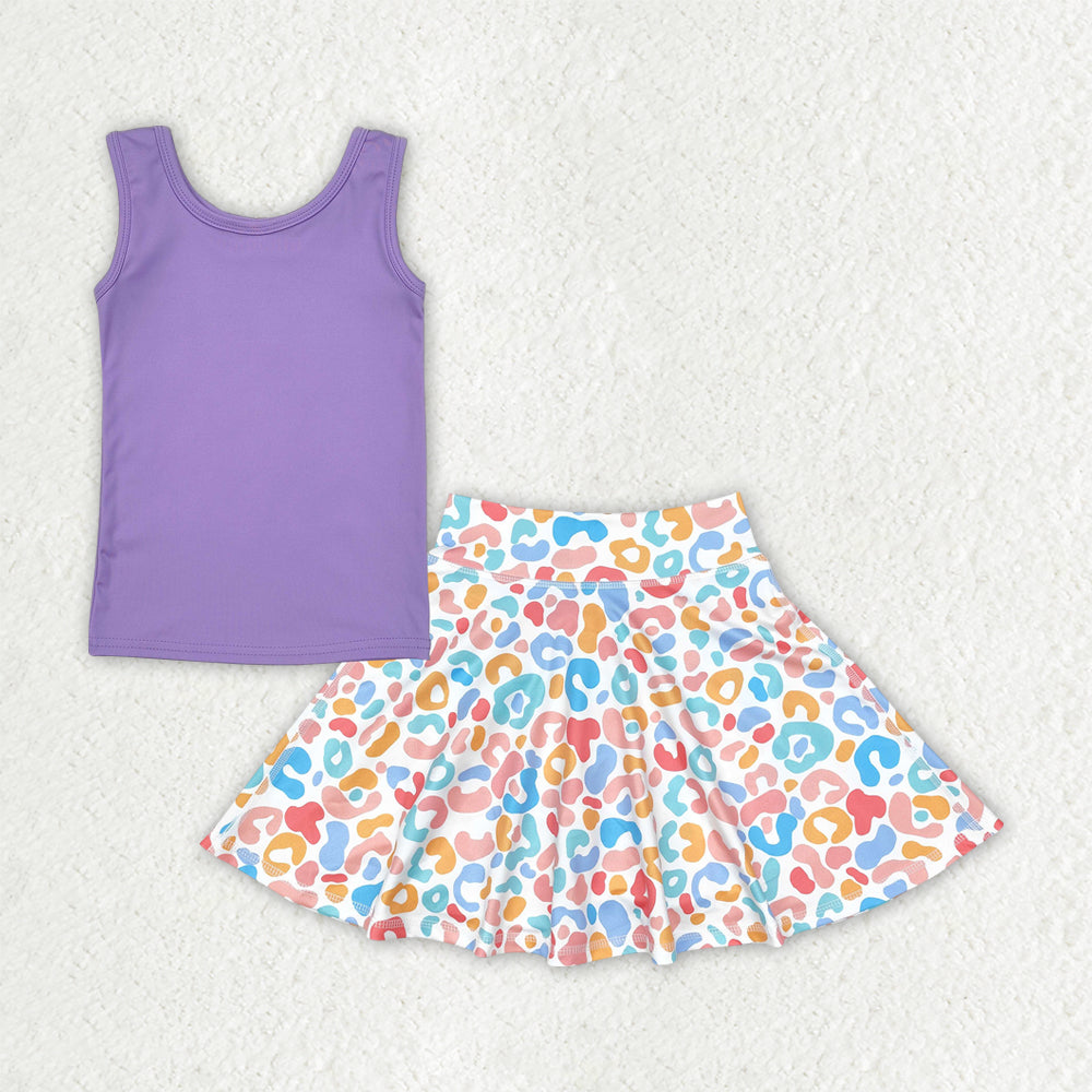 GSD2521 yoga purple sleeveless colorful leopard skirt with shorts girls set