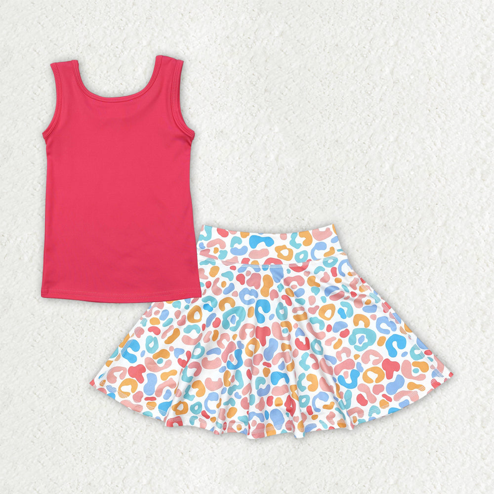 GSD2522 yoga red sleeveless colorful leopard skirt with shorts girls set