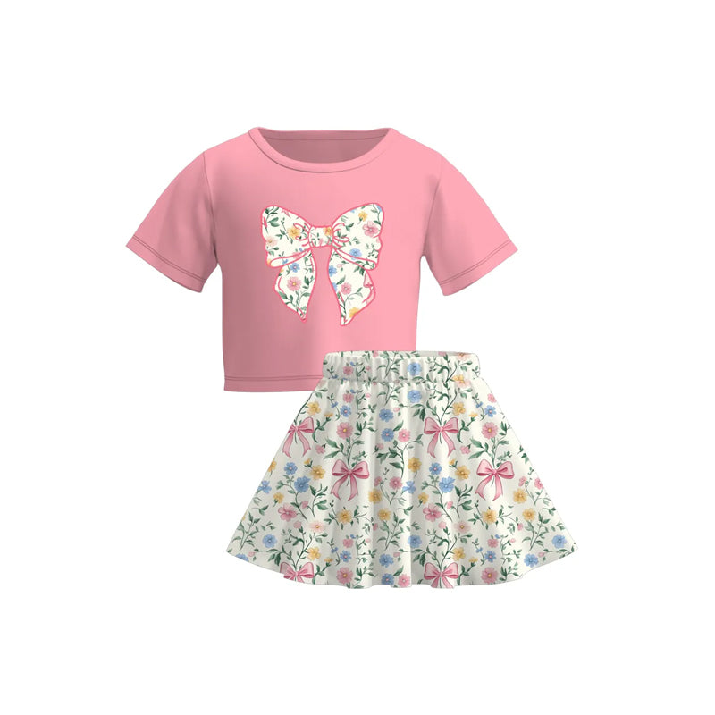 preorder GSD2526 bow pink short sleeve colorful flowers skirt girls set