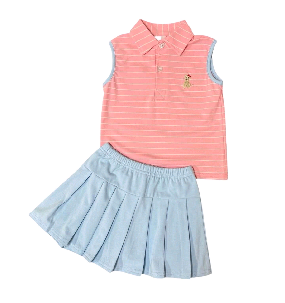 preorder GSD2536 cute dog pink sleeveless blue skirt girls set