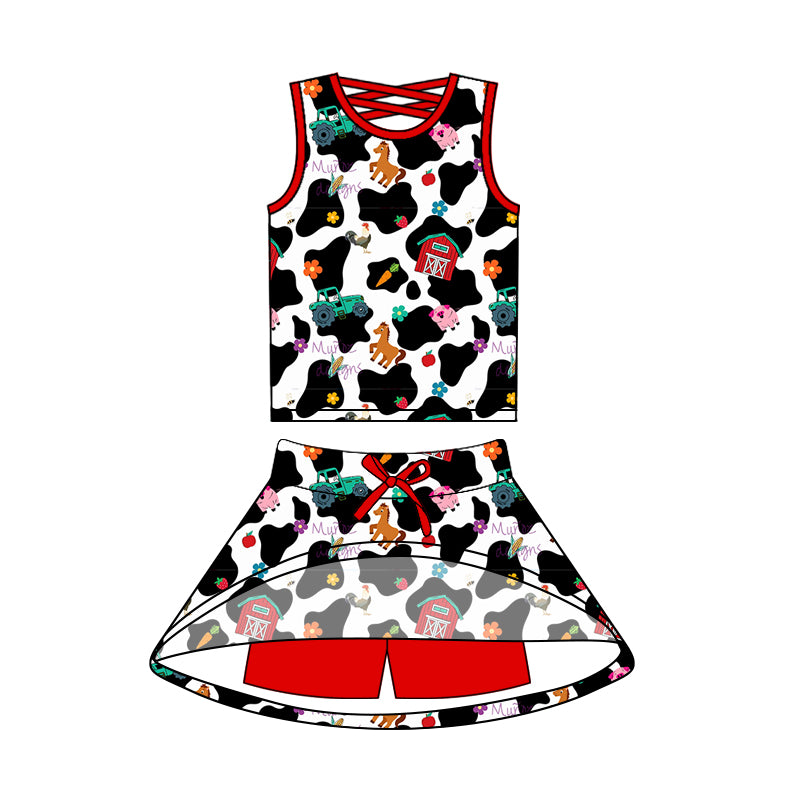 preorder GSD2537 farm house horse tractor cow print sleevelss skirt with shorts girls set
