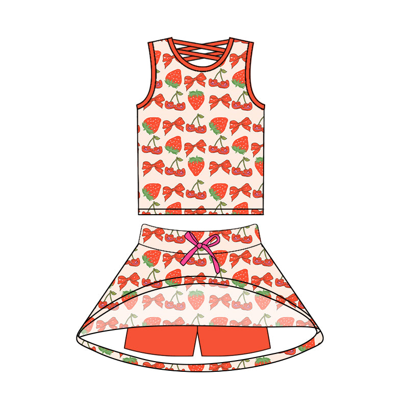 preorder GSD2539 cartoon strawberry bows red sleevelss skirt with shorts girls set