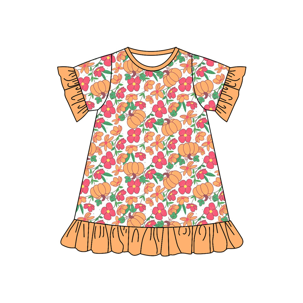 preorder GSD2541 pumpkin flowers orange pink short sleeve girls dress