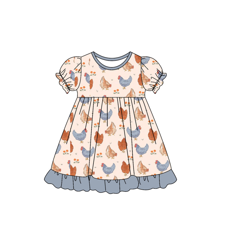 preorder GSD2543 farm chick flowers short sleeve grey blue girls dress