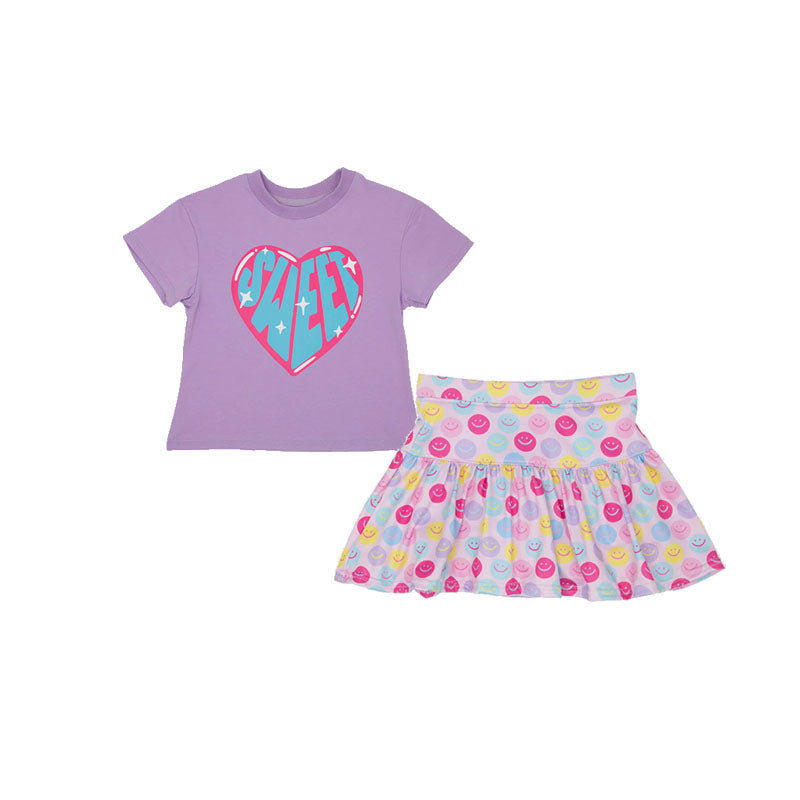 preorder GSD2550 heart purple short sleeve pink smile skirt girls set