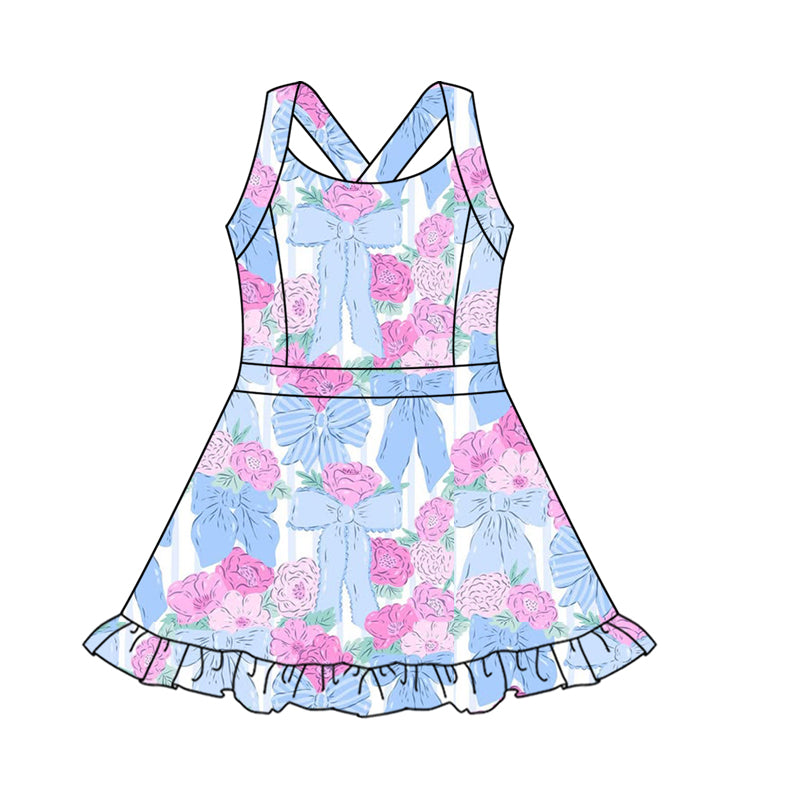 custom moq 3 hot pink flowers blue bows girls dress with shorts