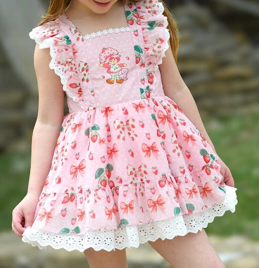 preorder GSD2581 Strawberry girl bows pink flutter sleeve girls dress