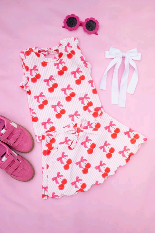 preorder GSD2582 cherry pink bows sleeveless skirt with shorts girls set