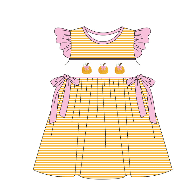 preorder GSD2594 pumpkin orange striped pink bows flutter sleeve girls dress