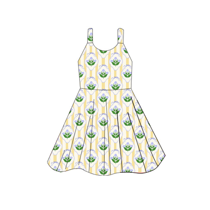 preorder GSD2599 Summer purple flowers yellow striped girls dress