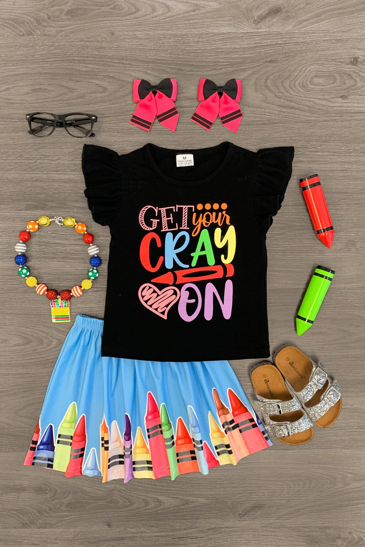 preorder GSD2616 back to school get your crayon black flutter sleeve blue pen skirt girls set