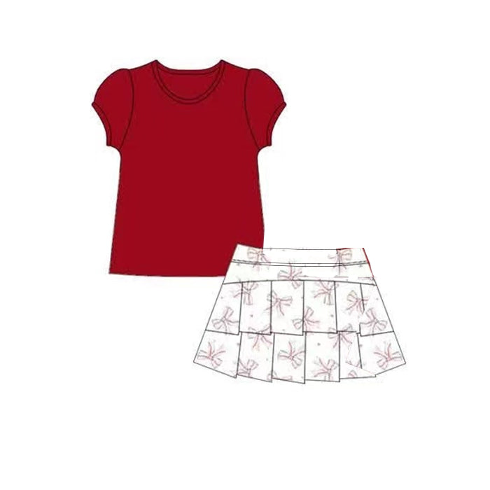 preorder GSD2617 yoga red short sleeve pink bows skirt girls set