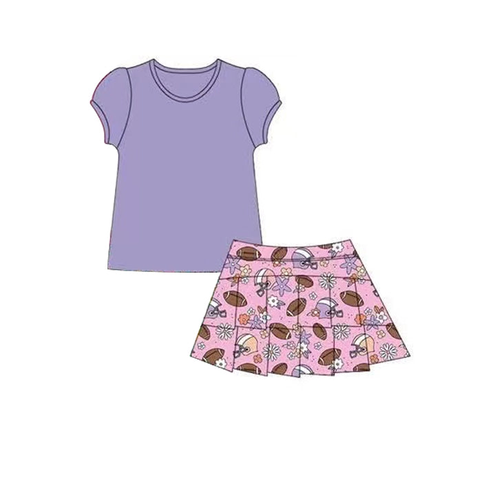 preorder GSD2618 yoga purple short sleeve football flowers skirt girls set