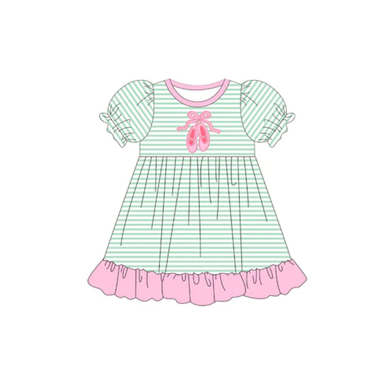 preorder GSD2641 dance shoe green striped short sleeve girls dress