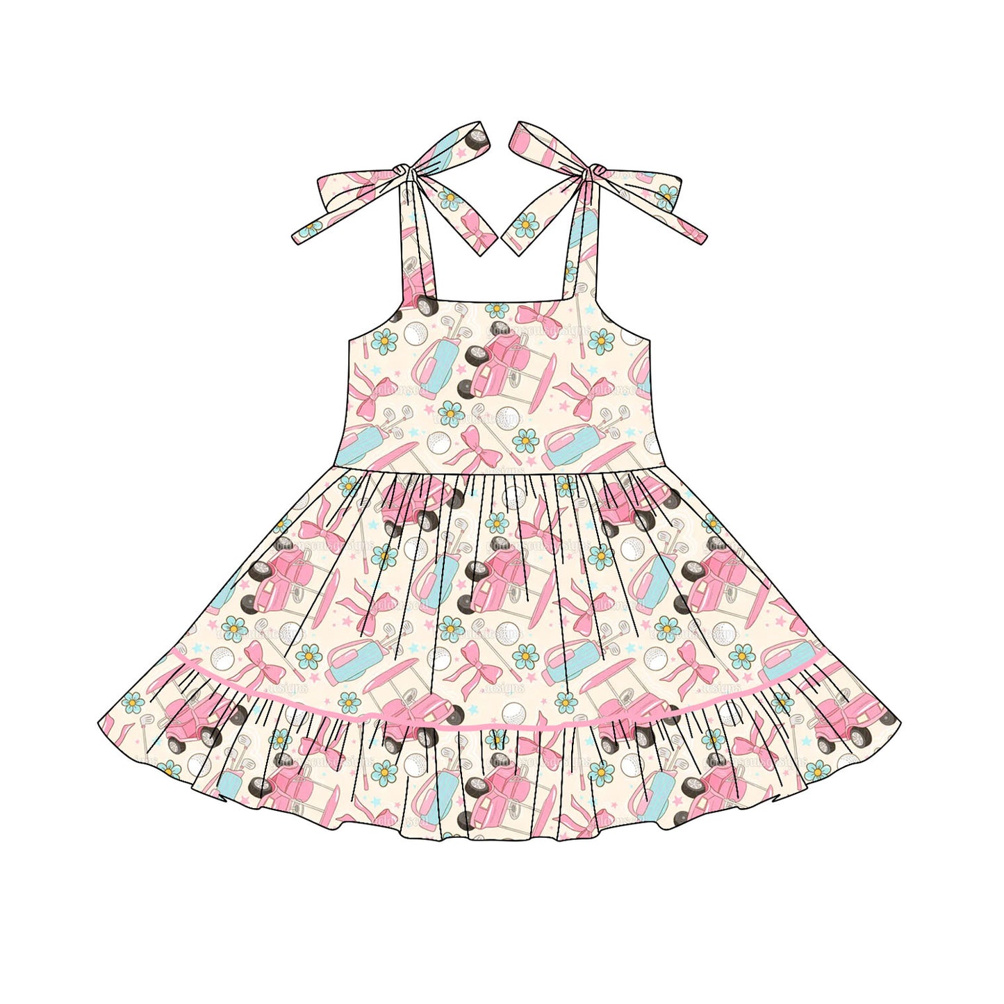 preorder GSD2644 cartoon golf car flowers bows girls dress