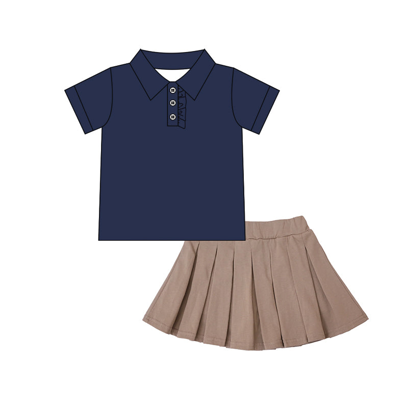 preorder GSD2696 cotton navy blue short sleeve khaki skirt skort girls set