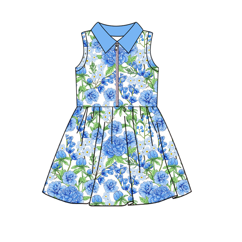 preorder GSD2713 yoga blue flowers sleeveless zipper girls dress skorts