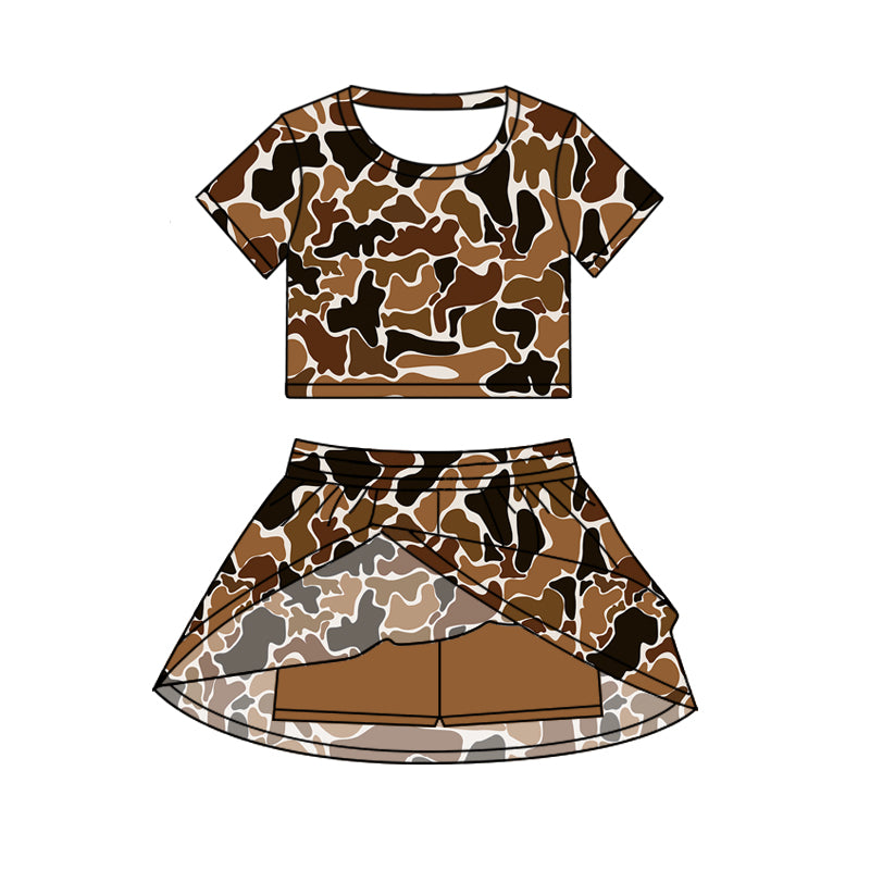 preorder GSD2731 brown camo short sleeve skirt skorts girls set