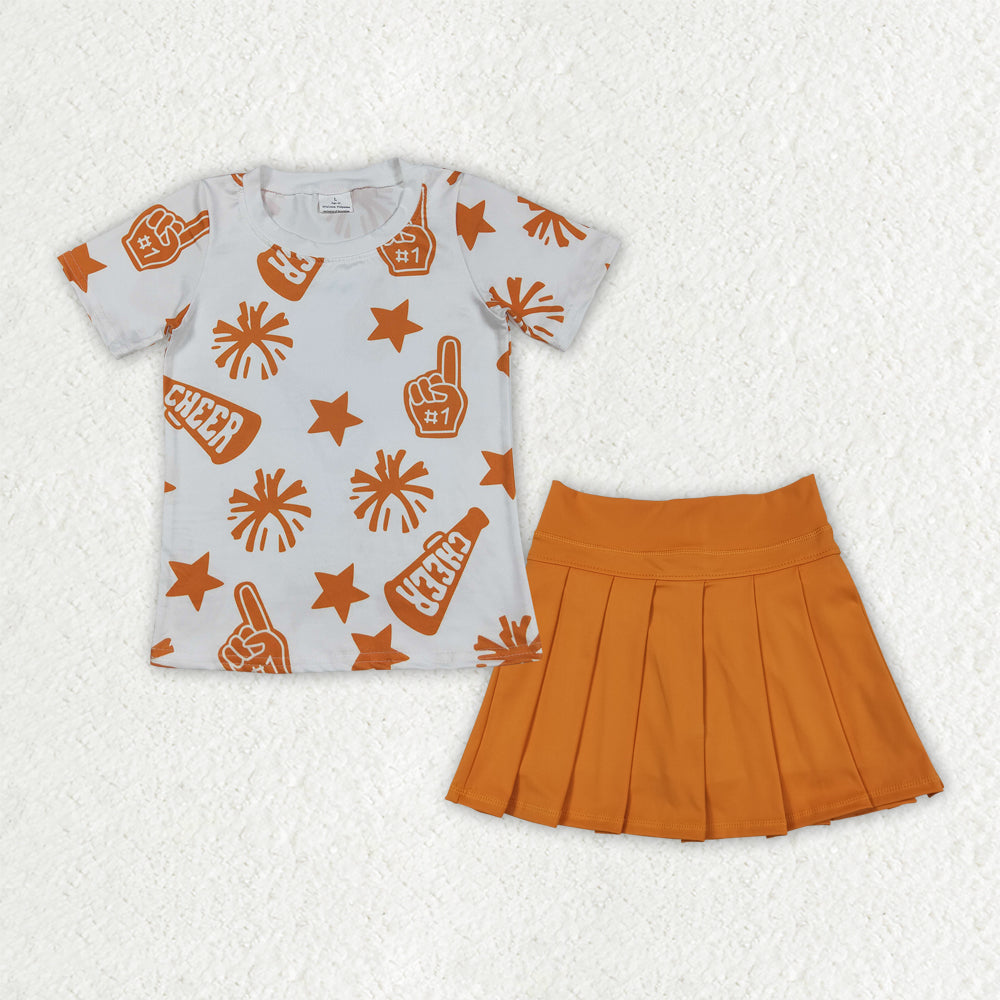 GSD2732 cheer firework star orange short sleeve yoga skirt skort girls set