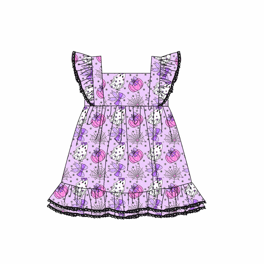 preorder GSD2762 Halloween spooky pumpkin purple flutter sleeve girls dress