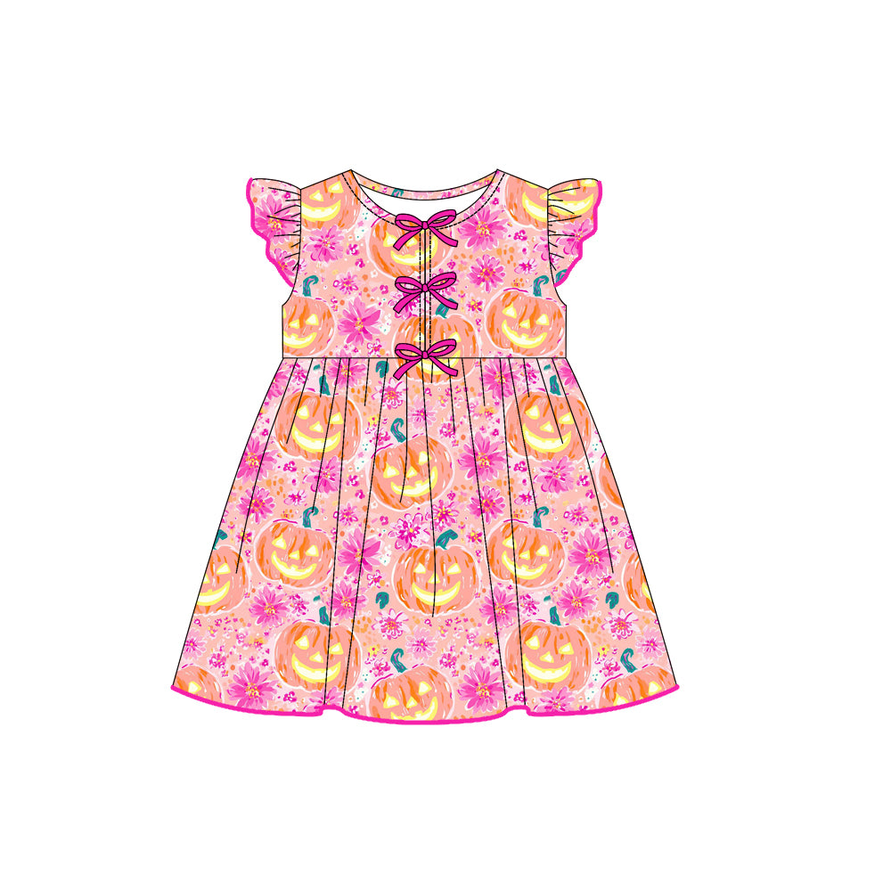 preorder GSD2770 Halloween smile pumpkin hot pink flowers flutter sleeve girls dress