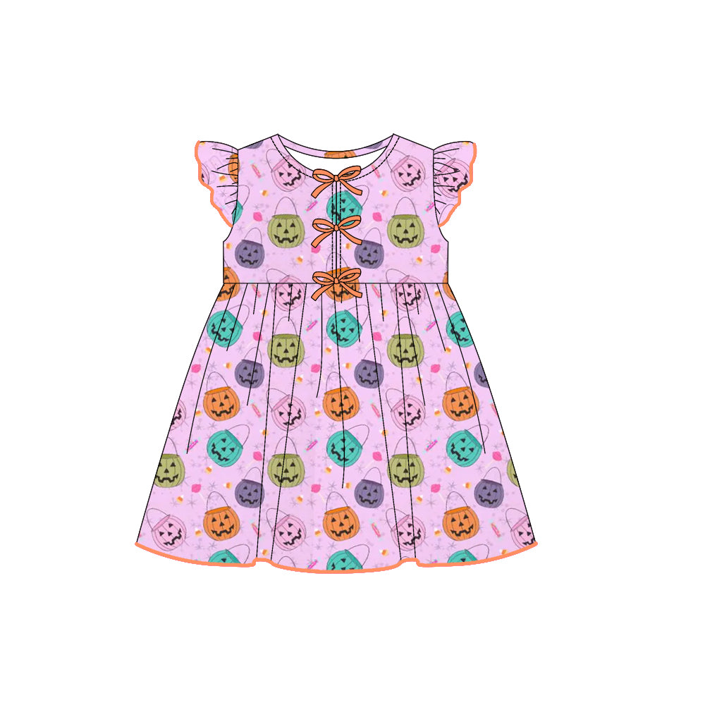 preorder GSD2771 Halloween smile pumpkin purple flutter sleeve girls dress