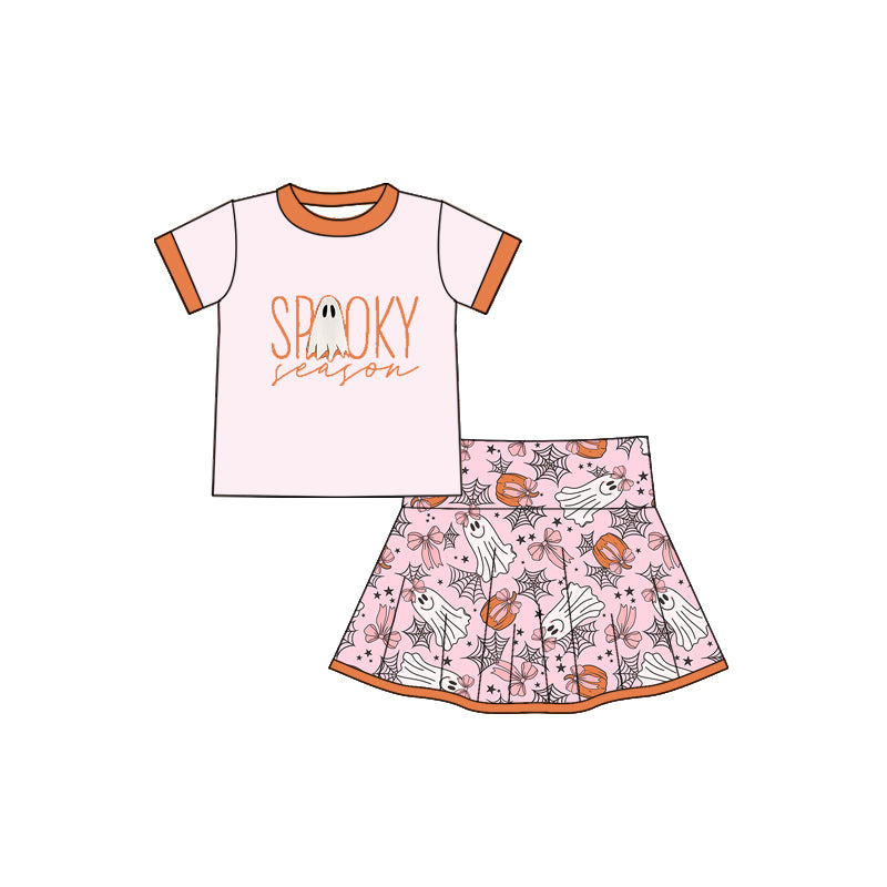 preorder GSD2774 Halloween spooky orange short sleeve bows pumpkin pink skirt girls set