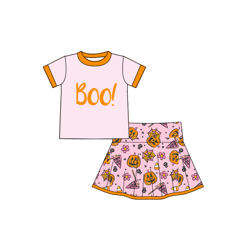 preorder GSD2775 Halloween BOO orange short sleeve flowers pumpkin pink skirt girls set