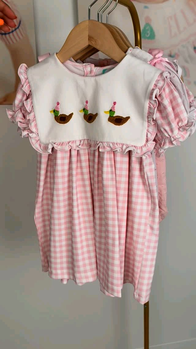 preorder GSD2803 happy birthday mallard duck green checkered short sleeve girls dress