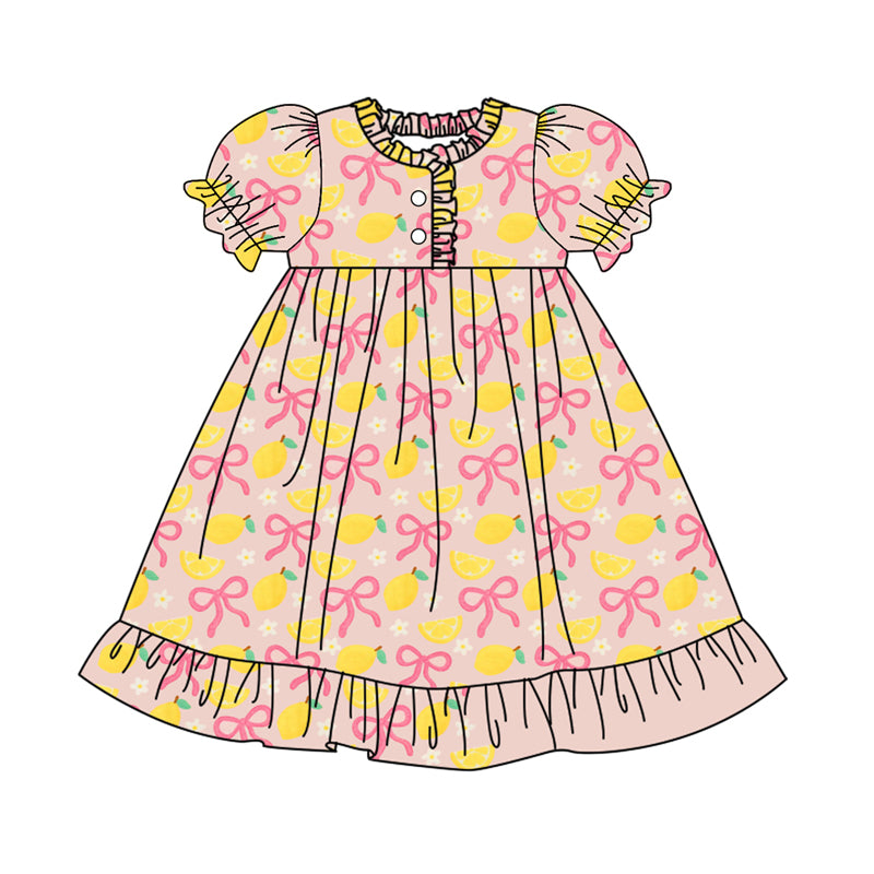 preorder GSD2812 lemon pink bows flowers pink short sleeve girls dress