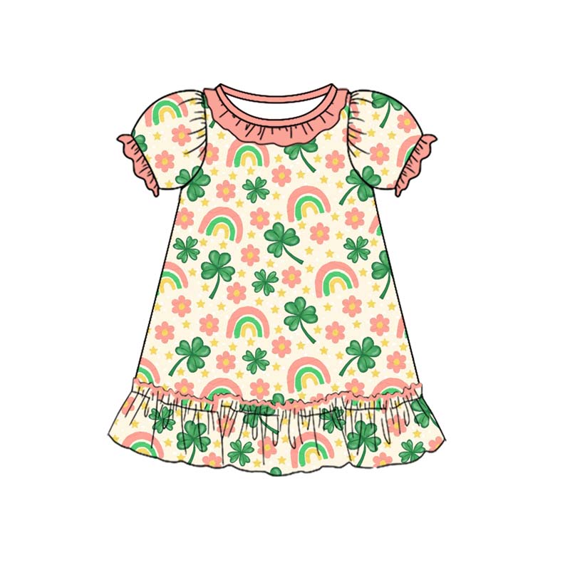 preorder GSD2815 St Patrick clover flowers rainbow short sleeve girls dress