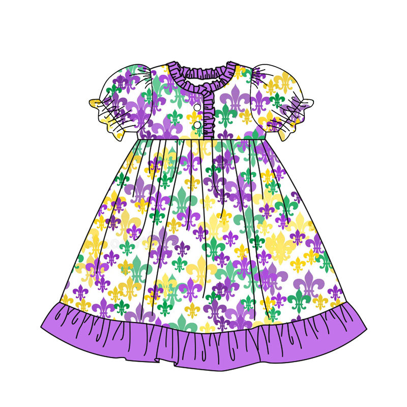 preorder GSD2817 Mardi Gras yellow green purple short sleeve girls dress